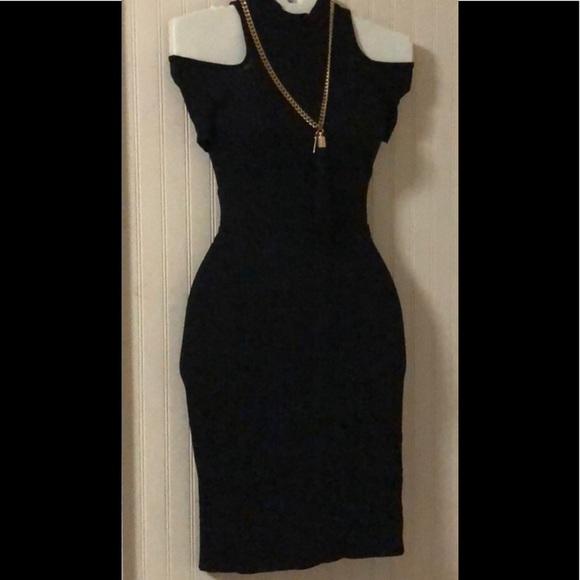 Black High Neck Ribbed Cold Shoulder MIDI Pencil Dress~S - Picture 1 of 9